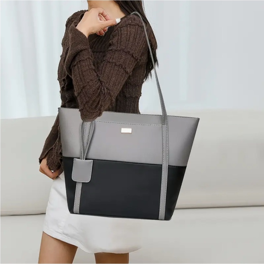 Two-Tone Gray & Black Structured Tote Bag with Pocket NIP - Picture 11 of 14